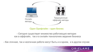 Онлайн
методы
Традиционные
оффлайн методы
- Сегодня существует множество работающих методик
как в оффлайн, так и в онлайн технологиях ведения бизнеса
- Как этичная, так и неэтичная работа могут быть и в одном, и в другом случае
Один Орифлэйм – один бизнес
 