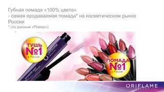 Губная помада «100% цвета»
- самая продаваемая помада* на косметическом рынке
России
* (по данным «Ромир»)
Copyright ©2014 by Oriflame Cosmetics SA
 