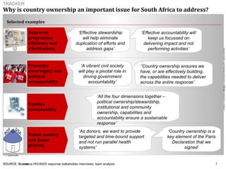 Why is country ownership an important issue for South Africa to address?    ,[object Object],SOURCE: Botswana HIV/AIDS response stakeholder interviews; team analysis  ‘ Effective stewardship will help eliminate duplication of efforts and address gaps’ ‘ Effective accountability will keep us focussed on delivering impact and not performing activities’ ‘ All the four dimensions together – political ownership/stewardship, institutional and community ownership, capabilities and accountability ensure a sustainable response’ ‘ A vibrant civil society will play a pivotal role in driving government accountability’ ‘’ Country ownership ensures we have, or are effectively building, the capabilities needed to deliver across the entire response’ ‘ As donors, we want to provide targeted and time-bound support and not run parallel health systems’  ‘ Country ownership is a key element of the Paris Declaration that we signed’ Stated country and donor priority Improves programme efficiency and effectiveness Promotes sovereignty and political accountability Enables sustainability 