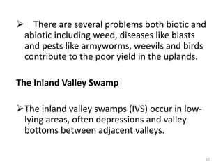  There are several problems both biotic and
 abiotic including weed, diseases like blasts
 and pests like armyworms, weevils and birds
 contribute to the poor yield in the uplands.

The Inland Valley Swamp

The inland valley swamps (IVS) occur in low-
 lying areas, often depressions and valley
 bottoms between adjacent valleys.

                                                10
 