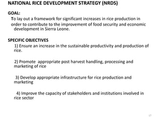 NATIONAL RICE DEVELOPMENT STRATEGY (NRDS)
GOAL:
 To lay out a framework for significant increases in rice production in
 order to contribute to the improvement of food security and economic
  development in Sierra Leone.

SPECIFIC OBJECTIVES
   1) Ensure an increase in the sustainable productivity and production of
   rice.

   2) Promote appropriate post harvest handling, processing and
   marketing of rice

   3) Develop appropriate infrastructure for rice production and
   marketing

     4) Improve the capacity of stakeholders and institutions involved in
   rice sector


                                                                            17
 