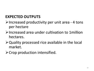 EXPECTED OUTPUTS
Increased productivity per unit area - 4 tons
  per hectare
Increased area under cultivation to 1million
  hectares.
Quality processed rice available in the local
  market.
Crop production intensified.


                                                 18
 