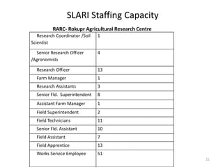 SLARI Staffing Capacity
          RARC- Rokupr Agricultural Research Centre
   Research Coordinator /Soil   1
Scientist

  Senior Research Officer       4
/Agronomists

  Research Officer              13
  Farm Manager                  1
  Research Assistants           3
  Senior Fld. Superintendent    8
  Assistant Farm Manager        1
  Field Superintendent          2
  Field Technicians             11
  Senior Fld. Assistant         10
  Field Assistant               7
  Field Apprentice              13
  Works Service Employee        51
                                                      21
 