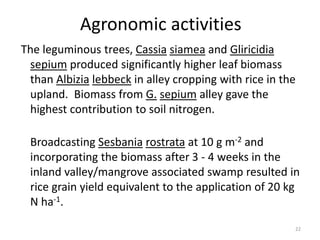Agronomic activities
The leguminous trees, Cassia siamea and Gliricidia
 sepium produced significantly higher leaf biomass
 than Albizia lebbeck in alley cropping with rice in the
 upland. Biomass from G. sepium alley gave the
 highest contribution to soil nitrogen.

 Broadcasting Sesbania rostrata at 10 g m-2 and
 incorporating the biomass after 3 - 4 weeks in the
 inland valley/mangrove associated swamp resulted in
 rice grain yield equivalent to the application of 20 kg
 N ha-1.

                                                       22
 