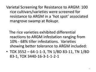 Varietal Screening for Resistance to ARGM: 100
  rice cultivars/varieties were screened for
  resistance to ARGM in a ‘hot spot’ associated
  mangrove swamp at Rokupr.

  The rice varieties exhibited differential
  reactions to ARGM infestation ranging from
  10% - 68% tiller infestations. Varieties
  showing better tolerance to ARGM included:
• TOX 3552 – 64-1-1-3, TN 1/BD 83-11, TN 1/BD
  83-1, TOX 3440-16-3-1-1-2-1

                                                  25
 