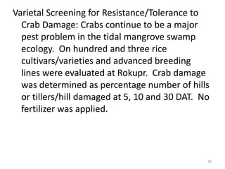 Varietal Screening for Resistance/Tolerance to
  Crab Damage: Crabs continue to be a major
  pest problem in the tidal mangrove swamp
  ecology. On hundred and three rice
  cultivars/varieties and advanced breeding
  lines were evaluated at Rokupr. Crab damage
  was determined as percentage number of hills
  or tillers/hill damaged at 5, 10 and 30 DAT. No
  fertilizer was applied.




                                                26
 