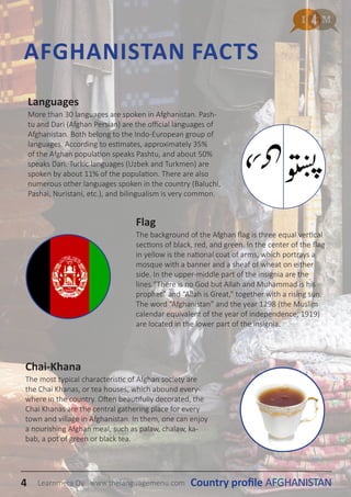 Languages
More than 30 languages are spoken in Afghanistan. Pash-
tu and Dari (Afghan Persian) are the official languages of
Afghanistan. Both belong to the Indo-European group of
languages. According to estimates, approximately 35%
of the Afghan population speaks Pashtu, and about 50%
speaks Dari. Turkic languages (Uzbek and Turkmen) are
spoken by about 11% of the population. There are also
numerous other languages spoken in the country (Baluchi,
Pashai, Nuristani, etc.), and bilingualism is very common.
Flag
The background of the Afghan flag is three equal vertical
sections of black, red, and green. In the center of the flag
in yellow is the national coat of arms, which portrays a
mosque with a banner and a sheaf of wheat on either
side. In the upper-middle part of the insignia are the
lines “There is no God but Allah and Muhammad is his
prophet” and “Allah is Great,” together with a rising sun.
The word “Afghanistan” and the year 1298 (the Muslim
calendar equivalent of the year of independence, 1919)
are located in the lower part of the insignia.
AFGHANISTAN FACTS
Chai-Khana
The most typical characteristic of Afghan society are
the Chai Khanas, or tea houses, which abound every-
where in the country. Often beautifully decorated, the
Chai Khanas are the central gathering place for every
town and village in Afghanistan. In them, one can enjoy
a nourishing Afghan meal, such as palaw, chalaw, ka-
bab, a pot of green or black tea.
4 Country profile AFGHANISTANLearnmera Oy www.thelanguagemenu.com
 