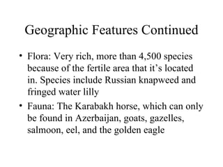 Geographic Features Continued Flora: Very rich, more than 4,500 species because of the fertile area that it’s located in. Species include Russian knapweed and fringed water lilly Fauna: The Karabakh horse, which can only be found in Azerbaijan, goats, gazelles, salmoon, eel, and the golden eagle 