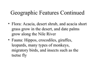 Geographic Features Continued Flora: Acacia, desert shrub, and acacia short grass grow in the desert, and date palms grow along the Nile River Fauna: Hippos, crocodiles, giraffes, leopards, many types of monkeys, migratory birds, and insects such as the tsetse fly 