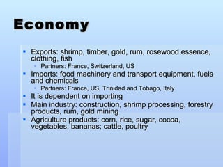 Economy Exports: shrimp, timber, gold, rum, rosewood essence, clothing, fish Partners: France, Switzerland, US  Imports: food machinery and transport equipment, fuels and chemicals  Partners: France, US, Trinidad and Tobago, Italy  It is dependent on importing Main industry: construction, shrimp processing, forestry products, rum, gold mining  Agriculture products: corn, rice, sugar, cocoa, vegetables, bananas; cattle, poultry 