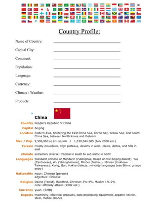 Country Profile:
Name of Country:
Capital City:
Continent:
Population:
Language:
Currency:
Climate / Weather:
Products:
China
Country People’s Republic of China
Capital Beijing
Location Eastern Asia, bordering the East China Sea, Korea Bay, Yellow Sea, and South
China Sea, between North Korea and Vietnam
Size / Pop. 9,596,960 sq km sq km / 1,330,044,605 (July 2008 est.)
Terrain mostly mountains, high plateaus, deserts in west; plains, deltas, and hills in
east
Climate extremely diverse; tropical in south to sub arctic in north
Languages Standard Chinese or Mandarin (Putonghua, based on the Beijing dialect), Yue
(Cantonese), Wu (Shanghainese), Minbei (Fuzhou), Minnan (Hokkien-
Taiwanese), Xiang, Gan, Hakka dialects, minority languages (see Ethnic groups
entry)
Nationality noun: Chinese (person)
adjective: Chinese
Religion Daoist (Taoist), Buddhist, Christian 3%-4%, Muslim 1%-2%
note: officially atheist (2002 est.)
Currency yuan (RMB)
Exports machinery, electrical products, data processing equipment, apparel, textile,
steel, mobile phones
 