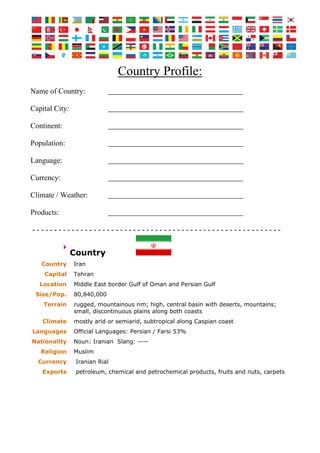 Country Profile:
Name of Country:
Capital City:
Continent:
Population:
Language:
Currency:
Climate / Weather:
Products:
- - - - - - - - - - - - - - - - - - - - - - - - - - - - - - - - - - - - - - - - - - - - - - - - - - - - - - - - -
Country
Country Iran
Capital Tehran
Location Middle East border Gulf of Oman and Persian Gulf
Size/Pop. 80,840,000
Terrain rugged, mountainous rim; high, central basin with deserts, mountains;
small, discontinuous plains along both coasts
Climate mostly arid or semiarid, subtropical along Caspian coast
Languages Official Languages: Persian / Farsi 53%
Nationality Noun: Iranian Slang: ----
Religion Muslim
Currency Iranian Rial
Exports petroleum, chemical and petrochemical products, fruits and nuts, carpets
 