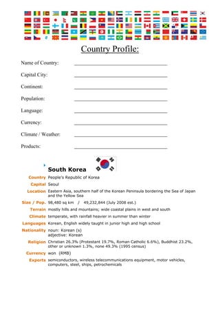 Country Profile:
Name of Country:
Capital City:
Continent:
Population:
Language:
Currency:
Climate / Weather:
Products:
South Korea
Country People’s Republic of Korea
Capital Seoul
Location Eastern Asia, southern half of the Korean Peninsula bordering the Sea of Japan
and the Yellow Sea
Size / Pop. 98,480 sq km / 49,232,844 (July 2008 est.)
Terrain mostly hills and mountains; wide coastal plains in west and south
Climate temperate, with rainfall heavier in summer than winter
Languages Korean, English widely taught in junior high and high school
Nationality noun: Korean (s)
adjective: Korean
Religion Christian 26.3% (Protestant 19.7%, Roman Catholic 6.6%), Buddhist 23.2%,
other or unknown 1.3%, none 49.3% (1995 census)
Currency won (RMB)
Exports semiconductors, wireless telecommunications equipment, motor vehicles,
computers, steel, ships, petrochemicals
 