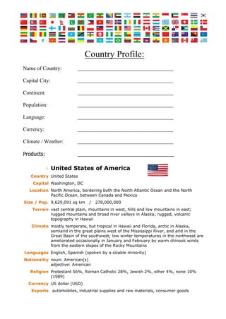 Country Profile:
Name of Country:
Capital City:
Continent:
Population:
Language:
Currency:
Climate / Weather:
Products: _____
United States of America
Country United States
Capital Washington, DC
Location North America, bordering both the North Atlantic Ocean and the North
Pacific Ocean, between Canada and Mexico
Size / Pop. 9,629,091 sq km / 278,000,000
Terrain vast central plain, mountains in west, hills and low mountains in east;
rugged mountains and broad river valleys in Alaska; rugged, volcanic
topography in Hawaii
Climate mostly temperate, but tropical in Hawaii and Florida, arctic in Alaska,
semiarid in the great plains west of the Mississippi River, and arid in the
Great Basin of the southwest; low winter temperatures in the northwest are
ameliorated occasionally in January and February by warm chinook winds
from the eastern slopes of the Rocky Mountains
Languages English, Spanish (spoken by a sizable minority)
Nationality noun: American(s)
adjective: American
Religion Protestant 56%, Roman Catholic 28%, Jewish 2%, other 4%, none 10%
(1989)
Currency US dollar (USD)
Exports automobiles, industrial supplies and raw materials, consumer goods
 