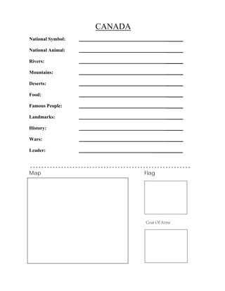 CANADA
_______
_______
_______
_______
_______
_______
_______
_______
_______
_______
National Symbol:
National Animal:
Rivers:
Mountains:
Deserts:
Food:
Famous People:
Landmarks:
History:
Wars:
Leader: ____________
- - - - - - - - - - - - - - - - - - - - - - - - - - - - - - - - - - - - - - - - - - - - - - - - - - - - - - - - -
Map Flag
Coat Of Arms
 