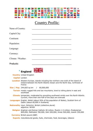 Country Profile:
Name of Country:
Capital City:
Continent:
Population:
Language:
Currency:
Climate / Weather:
Products: _____
England
Country United Kingdom
Capital London
Location Western Europe, islands including the northern one-sixth of the island of
Ireland between the North Atlantic Ocean and the North Sea, northwest of
France
Size / Pop. 244,820 sq km / 60,000,000
Terrain mostly rugged hills and low mountains; level to rolling plains in east and
southeast
Climate temperate; moderated by prevailing southwest winds over the North Atlantic
Current; more than one-half of the days are overcast
Languages English, Welsh (about 26% of the population of Wales), Scottish form of
Gaelic (about 60,000 in Scotland)
Nationality noun: Briton(s), British (collective plural)
adjective: British
Religion Anglican and Roman Catholic 40 million, Muslim 1.5 million, Presbyterian
800,000, Methodist 760,000, Sikh 500,000, Hindu 500,000, Jewish 350,000
Currency British pound (GBP)
Exports manufactured goods, fuels, chemicals; food, beverages, tobacco
 
