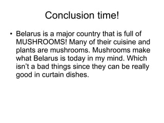 Conclusion time! Belarus is a major country that is full of MUSHROOMS! Many of their cuisine and plants are mushrooms. Mushrooms make what Belarus is today in my mind. Which isn’t a bad things since they can be really good in curtain dishes. 