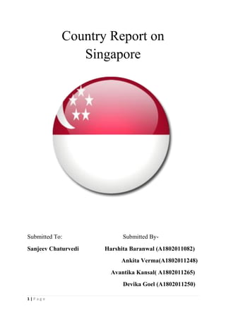 1 | P a g e
Country Report on
Singapore
Submitted To: Submitted By-
Sanjeev Chaturvedi Harshita Baranwal (A1802011082)
Ankita Verma(A1802011248)
Avantika Kansal( A1802011265)
Devika Goel (A1802011250)
 
