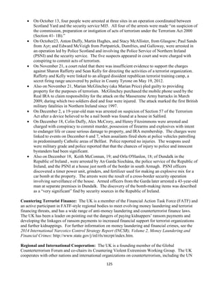 125
 On October 13, four people were arrested at three sites in an operation coordinated between
Scotland Yard and the security service MI5. All four of the arrests were made “on suspicion of
the commission, preparation or instigation of acts of terrorism under the Terrorism Act 2000
(Section 41- 1B).”
 On October23, Anton Duffy, Martin Hughes, and Stacy McAllister, from Glasgow; Paul Sands
from Ayr; and Edward McVeigh from Portpatrick, Dumfries, and Galloway, were arrested in
an operation led by Police Scotland and involving the Police Service of Northern Ireland
(PSNI) and the security service. The five suspects appeared in court and were charged with
conspiring to commit acts of terrorism.
 On November 21, a court ruled that there was insufficient evidence to support the charges
against Sharon Rafferty and Sean Kelly for directing the activities of a terrorist organization.
Rafferty and Kelly were linked to an alleged dissident republican terrorist training camp, a
secret firing range uncovered by police in County Tyrone on May 19, 2012.
 Also on November 21, Marian McGlinchey (aka Marian Price) pled guilty to providing
property for the purposes of terrorism. McGlinchey purchased the mobile phone used by the
Real IRA to claim responsibility for the attack on the Massereene Army barracks in March
2009, during which two soldiers died and four were injured. The attack marked the first British
military fatalities in Northern Ireland since 1997.
 On December 2, a 19-year-old man was arrested on suspicion of Section 57 of the Terrorism
Act after a device believed to be a nail bomb was found at a house in Salford.
 On December 18, Colin Duffy, Alex McCrory, and Henry Fitzsimmons were arrested and
charged with conspiracy to commit murder, possession of firearms and explosives with intent
to endanger life or cause serious damage to property, and IRA membership. The charges were
linked to events on December 6 and 7, when assailants fired shots at police vehicles patrolling
in predominantly Catholic areas of Belfast. Police reported no injuries. The weapons used
were military grade and police reported that that the chances of injury to police and innocent
bystanders had been significant.
 Also on December 18, Keith McConnan, 19; and Orla O'Hanlon, 18; of Dundalk in the
Republic of Ireland , were arrested by An Garda Siochána, the police service of the Republic of
Ireland, and the PSNI at a house just north of the border in south Armagh. PSNI officers
discovered a timer power unit, grinders, and fertilizer used for making an explosive mix for a
car bomb at the property. The arrests were the result of a cross-border security operation
involving surveillance of the house. Armed officers from the Garda later arrested a 43-year-old
man at separate premises in Dundalk. The discovery of the bomb-making items was described
as a “very significant” find by security sources in the Republic of Ireland.
Countering Terrorist Finance: The UK is a member of the Financial Action Task Force (FATF) and
an active participant in FATF-style regional bodies to meet evolving money laundering and terrorist
financing threats, and has a wide range of anti-money laundering and counterterrorist finance laws.
The UK has been a leader on pointing out the dangers of paying kidnappers’ ransom payments and
developing the linkages of ransom payments to increased financial support for terrorist organizations
and further kidnappings. For further information on money laundering and financial crimes, see the
2014 International Narcotics Control Strategy Report (INCSR), Volume 2, Money Laundering and
Financial Crimes: http://www.state.gov/j/inl/rls/nrcrpt/index.htm.
Regional and International Cooperation: The UK is a founding member of the Global
Counterterrorism Forum and co-chairs its Countering Violent Extremism Working Group. The UK
cooperates with other nations and international organizations on counterterrorism, including the UN
 
