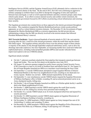 134
Intelligence Service (EGIS), and the Egyptian Armed Forces (EAF) ultimately led to a reduction in the
number of terrorist attacks in the Sinai. By the end of 2013, the EAF were continuing an aggressive
military campaign in northern Sinai in an effort to disrupt the smuggling of arms and explosives
between Gaza and Egypt, as well as to kill suspected militants and deny extremist groups a place from
which to plan attacks. In an effort to restore internal security and combat violent extremism, the
interim Egyptian government focused its 2013 efforts on protecting critical infrastructure and restoring
basic security.
The Egyptian government also cracked down on those opposed to the interim government throughout
the country. This crackdown targeted the Muslim Brotherhood and non-violent secular political
opponents, as well as violent Islamist extremist elements. On December 25, the Government of Egypt
designated the Muslim Brotherhood (MB) as a terrorist organization, but did not provide any
substantiating evidence that the MB was directly involved in the terrorist attacks that followed
President Mohamed Morsy’s removal.
2013 Terrorist Incidents: Egypt witnessed hundreds of terrorist attacks in 2013, the vast majority
occurring after the July 3 removal of the elected government, within the north Sinai and the eastern
Nile Delta region. The Egyptian military and police forces were the primary targets of these attacks.
A majority of the attacks in July through September employed rudimentary tactics, such as drive-by
shootings and crude explosives, but since September, an increasing number have used more lethal and
sophisticated tactics, including rocket-propelled grenades (RPGs) and suicide vehicular-borne
improvised explosive devices (VBIEDs) attacks.
Significant attacks included:
 On July 7, unknown assailants attacked the Sinai pipeline that transports natural gas between
Egypt and Jordan. This was the first attack on the pipeline since June 2012.
 On August 19, unknown gunmen stopped two police buses carrying Central Security Forces
(CSF) conscripts to a base in Al-Arish in Northern Sinai and killed at least 24. On August 31,
the al-Furqan Brigades launched two RPGs at a merchant vessel transiting the Suez Canal.
 On September 5, a suicide VBIED attack attempted to target Egyptian Minister of Interior
Muhammad Ibrahim in the Nasr City neighborhood of Cairo, resulting in one dead and over
twenty injured. Ibrahim was not hurt. ABM claimed responsibility for the attack.
 On September 11, near simultaneous suicide VBIED attacks targeted the Egyptian Directorate
of Military Intelligence office in Rafah, wounding 20; and an armored personnel carrier at an
Army checkpoint nearby, killing nine.
 On October 7, the al-Furqan Brigades launched two RPGs at a NileSat uplink facility’s satellite
dish in the Maadi neighborhood of Cairo.
 On October 7, ABM launched a suicide VBIED attack against the south Sinai security
directorate in al-Tor, killing five security force personnel and wounding 50.
 On October 10, a suicide VBIED attack at an Al-Arish checkpoint killed four and injured five
security personnel.
 On October 19, ABM launched a suicide VBIED attack against an Egyptian Directorate of
Military Intelligence building in Ismailia, wounding six.
 On November 18, ABM launched a VBIED attack against an Army transport bus east of Al-
Arish killing 11 soldiers and wounding 35 others.
 On December 24, ABM launched a VBIED attack against the Daqahliya Police Directorate in
the eastern Nile Delta city of Mansura, killing 16 and injuring over 130 others.
 