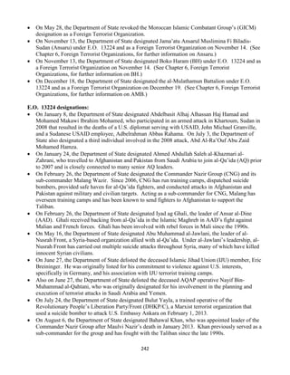 242
 On May 28, the Department of State revoked the Moroccan Islamic Combatant Group’s (GICM)
designation as a Foreign Terrorist Organization.
 On November 13, the Department of State designated Jama’atu Ansarul Muslimina Fi Biladis-
Sudan (Ansaru) under E.O. 13224 and as a Foreign Terrorist Organization on November 14. (See
Chapter 6, Foreign Terrorist Organizations, for further information on Ansaru.)
 On November 13, the Department of State designated Boko Haram (BH) under E.O. 13224 and as
a Foreign Terrorist Organization on November 14. (See Chapter 6, Foreign Terrorist
Organizations, for further information on BH.)
 On December 18, the Department of State designated the al-Mulathamun Battalion under E.O.
13224 and as a Foreign Terrorist Organization on December 19. (See Chapter 6, Foreign Terrorist
Organizations, for further information on AMB.)
E.O. 13224 designations:
 On January 8, the Department of State designated Abdelbasit Alhaj Alhassan Haj Hamad and
Mohamed Makawi Ibrahim Mohamed, who participated in an armed attack in Khartoum, Sudan in
2008 that resulted in the deaths of a U.S. diplomat serving with USAID, John Michael Granville,
and a Sudanese USAID employee, Adbelrahman Abbas Rahama. On July 3, the Department of
State also designated a third individual involved in the 2008 attack, Abd Al-Ra’Ouf Abu Zaid
Mohamed Hamza.
 On January 24, the Department of State designated Ahmed Abdullah Saleh al-Khazmari al-
Zahrani, who travelled to Afghanistan and Pakistan from Saudi Arabia to join al-Qa’ida (AQ) prior
to 2007 and is closely connected to many senior AQ leaders.
 On February 26, the Department of State designated the Commander Nazir Group (CNG) and its
sub-commander Malang Wazir. Since 2006, CNG has run training camps, dispatched suicide
bombers, provided safe haven for al-Qa’ida fighters, and conducted attacks in Afghanistan and
Pakistan against military and civilian targets. Acting as a sub-commander for CNG, Malang has
overseen training camps and has been known to send fighters to Afghanistan to support the
Taliban.
 On February 26, the Department of State designated Iyad ag Ghali, the leader of Ansar al-Dine
(AAD). Ghali received backing from al-Qa’ida in the Islamic Maghreb in AAD’s fight against
Malian and French forces. Ghali has been involved with rebel forces in Mali since the 1990s.
 On May 16, the Department of State designated Abu Muhammad al-Jawlani, the leader of al-
Nusrah Front, a Syria-based organization allied with al-Qa’ida. Under al-Jawlani’s leadership, al-
Nusrah Front has carried out multiple suicide attacks throughout Syria, many of which have killed
innocent Syrian civilians.
 On June 27, the Department of State delisted the deceased Islamic Jihad Union (IJU) member, Eric
Breininger. He was originally listed for his commitment to violence against U.S. interests,
specifically in Germany, and his association with IJU terrorist training camps.
 Also on June 27, the Department of State delisted the deceased AQAP operative Nayif Bin-
Muhammad al-Qahtani, who was originally designated for his involvement in the planning and
execution of terrorist attacks in Saudi Arabia and Yemen.
 On July 24, the Department of State designated Bulut Yayla, a trained operative of the
Revolutionary People’s Liberation Party/Front (DHKP/C), a Marxist terrorist organization that
used a suicide bomber to attack U.S. Embassy Ankara on February 1, 2013.
 On August 6, the Department of State designated Bahawal Khan, who was appointed leader of the
Commander Nazir Group after Maulvi Nazir’s death in January 2013. Khan previously served as a
sub-commander for the group and has fought with the Taliban since the late 1990s.
 