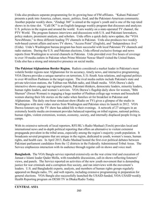 260
Urdu also produces separate programming for its growing base of FM affiliates. “Kahani Pakistani”
presents a peek into America, culture, music, politics, food, and the Pakistani-American community.
Another popular weekly show, “Zindagi 360” is aimed at the region’s youth and is one of the top rated
shows in its time slot. “Café DC” is an English-language weekly program that discusses and analyzes
U.S. policies in the region and around the world. It airs weekly on a state-operated TV channel, the
PTV World. The program features interviews and discussions with U.S. and Pakistani lawmakers,
policy makers, prominent analysts, and scholars. Urdu offers a quick daily news update, the “VOA
NewsMinute,” to three different leading TV channels in Pakistan. Urdu also produces two weekly
web-based current affairs and news TV shows, “Access Point” (English), and “Independence Ave”
(Urdu). Urdu’s Washington bureau program has been successful with local Pakistani TV channels and
radio stations. During the U.S. and Pakistan elections, Urdu offered exclusive footage and news
reports from Washington to several channels in Pakistan. Urdu provided over five hours of coverage
to over 10 media outlets in Pakistan when Prime Minister Nawaz Sharif visited the United States.
Urdu also has a strong and interactive presence on social media.
The Pakistan/Afghanistan Border Region. Radiois considered a market leader in Pakistan's most
volatile border regions near Afghanistan for its accuracy, timely news, and interactive programming.
VOA Deewa provides a unique narrative on terrorism, U.S.-South Asia relations, and regional politics
to over 40 million Pashtuns in the target region. The rival media outlets include Pakistan's state and
private television stations, the Taliban-run Mullah radio, and Jihadi media. VOA Deewa’s daily
interactive shows engage top regional experts, Pakistani thinkers, democratic leaders, minority leaders,
human rights leaders, and women’s activists. VOA Deewa’s flagship daily show for women, "Bibi
Shereen" (Sweet Woman) is engaging a huge number of Pashtun college-age women and household
women sharing their life stories on the radio when families sit for breakfast in Pakistan and
Afghanistan. The daily one-hour simulcast show (Radio on TV) gives a glimpse of the studio in
Washington with more video stories from Washington and Pakistan since its launch in 2012. VOA
Deewa listeners say the TV show has added life to their evenings. A network of 27 stringers in an
extremely hostile media environment provides balanced reporting on tribal regions, national politics,
human rights, violent extremism, women, economy, society, and internally displaced people living in
camps.
With its extensive network of local reporters, RFE/RL’s Radio Mashaal (Torch) provides local and
international news and in-depth political reporting that offers an alternative to violent extremist
propaganda prevalent in the tribal areas, especially among the region’s majority youth population. It
broadcasts several programs that are unique in the region, dedicated to youth, women’s issues, human
rights, and health care. In April 2013, Radio Mashaal hosted the first ever political debates between
Pakistani parliament candidates from the 12 districts in the Federally Administered Tribal Areas. The
Service emphasizes interaction with its audience through regular call-in shows and voice mail.
Bangladesh. The VOA Bangla service reported extensively on the war crime trial and execution of
Jamaat e Islami leader Qader Molla, with roundtable discussions, call-in shows reflecting listeners’
views, and panels. The Service reported on activities of the new youth movement that is demanding
justice for war criminals and a corruption-free society, and ran interviews with the movement’s
leaders. U.S. and Bangladeshi experts, analysts, and members of human rights groups regularly
appeared on Bangla radio, TV, and web reports, including extensive programming in preparation for
general elections. VOA Bangla also successfully launched the USAID-funded, VOA-USAID weekly
Health Reporting program on DESH TV in Dhaka/Radio Today.
CENTRAL ASIA
 