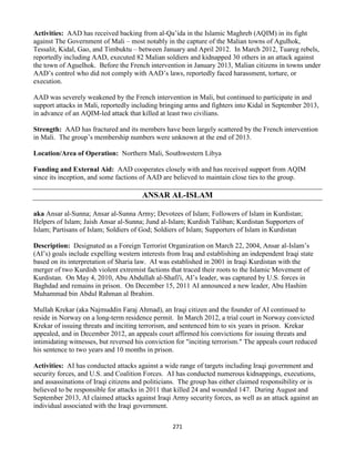 271
Activities: AAD has received backing from al-Qa’ida in the Islamic Maghreb (AQIM) in its fight
against The Government of Mali – most notably in the capture of the Malian towns of Agulhok,
Tessalit, Kidal, Gao, and Timbuktu – between January and April 2012. In March 2012, Tuareg rebels,
reportedly including AAD, executed 82 Malian soldiers and kidnapped 30 others in an attack against
the town of Aguelhok. Before the French intervention in January 2013, Malian citizens in towns under
AAD’s control who did not comply with AAD’s laws, reportedly faced harassment, torture, or
execution.
AAD was severely weakened by the French intervention in Mali, but continued to participate in and
support attacks in Mali, reportedly including bringing arms and fighters into Kidal in September 2013,
in advance of an AQIM-led attack that killed at least two civilians.
Strength: AAD has fractured and its members have been largely scattered by the French intervention
in Mali. The group’s membership numbers were unknown at the end of 2013.
Location/Area of Operation: Northern Mali, Southwestern Libya
Funding and External Aid: AAD cooperates closely with and has received support from AQIM
since its inception, and some factions of AAD are believed to maintain close ties to the group.
ANSAR AL-ISLAM
aka Ansar al-Sunna; Ansar al-Sunna Army; Devotees of Islam; Followers of Islam in Kurdistan;
Helpers of Islam; Jaish Ansar al-Sunna; Jund al-Islam; Kurdish Taliban; Kurdistan Supporters of
Islam; Partisans of Islam; Soldiers of God; Soldiers of Islam; Supporters of Islam in Kurdistan
Description: Designated as a Foreign Terrorist Organization on March 22, 2004, Ansar al-Islam’s
(AI’s) goals include expelling western interests from Iraq and establishing an independent Iraqi state
based on its interpretation of Sharia law. AI was established in 2001 in Iraqi Kurdistan with the
merger of two Kurdish violent extremist factions that traced their roots to the Islamic Movement of
Kurdistan. On May 4, 2010, Abu Abdullah al-Shafi'i, AI’s leader, was captured by U.S. forces in
Baghdad and remains in prison. On December 15, 2011 AI announced a new leader, Abu Hashim
Muhammad bin Abdul Rahman al Ibrahim.
Mullah Krekar (aka Najmuddin Faraj Ahmad), an Iraqi citizen and the founder of AI continued to
reside in Norway on a long-term residence permit. In March 2012, a trial court in Norway convicted
Krekar of issuing threats and inciting terrorism, and sentenced him to six years in prison. Krekar
appealed, and in December 2012, an appeals court affirmed his convictions for issuing threats and
intimidating witnesses, but reversed his conviction for "inciting terrorism." The appeals court reduced
his sentence to two years and 10 months in prison.
Activities: AI has conducted attacks against a wide range of targets including Iraqi government and
security forces, and U.S. and Coalition Forces. AI has conducted numerous kidnappings, executions,
and assassinations of Iraqi citizens and politicians. The group has either claimed responsibility or is
believed to be responsible for attacks in 2011 that killed 24 and wounded 147. During August and
September 2013, AI claimed attacks against Iraqi Army security forces, as well as an attack against an
individual associated with the Iraqi government.
 