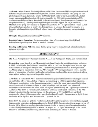 273
Activities: Asbat al-Ansar first emerged in the early 1990s. In the mid-1990s, the group assassinated
Lebanese religious leaders and bombed nightclubs, theaters, and liquor stores. The group has also
plotted against foreign diplomatic targets. In October 2004, Mahir al-Sa’di, a member of Asbat al-
Ansar, was sentenced in absentia to life imprisonment for his 2000 plot to assassinate then-U.S.
Ambassador to Lebanon David Satterfield. Asbat al-Ansar has no formal ties to the AQ network, but
the group shares AQ’s ideology and has publicly proclaimed its support for al-Qa’ida in Iraq.
Members of the group have traveled to Iraq between 2005 and 2011 to fight Coalition Forces. Asbat
al-Ansar has been reluctant to involve itself in operations in Lebanon due in part to concerns over
losing its safe haven in the Ain al-Hilwah refugee camp. AAA did not stage any known attacks in
2013.
Strength: The group has fewer than 2,000 members.
Location/Area of Operation: The group’s primary base of operations is the Ain al-Hilwah
Palestinian refugee camp near Sidon in southern Lebanon.
Funding and External Aid: It is likely that the group receives money through international Sunni
extremist networks.
AUM SHINRIKYO
aka A.I.C. Comprehensive Research Institute; A.I.C. Sogo Kenkyusho; Aleph; Aum Supreme Truth
Description: Aum Shinrikyo (AUM) was designated as a Foreign Terrorist Organization on October
8, 1997. Jailed leader Shoko Asahara established AUM in 1987, and the organization received legal
status in Japan as a religious entity in 1989. The Japanese government revoked its recognition of
AUM as a religious organization following AUM’s deadly 1995 sarin gas attack in Tokyo. Despite
claims of renunciation of violence and Asahara’s teachings, members of the group continue to adhere
to the violent and apocalyptic teachings of its founder.
Activities: In March 1995, AUM members simultaneously released the chemical nerve agent sarin on
several Tokyo subway trains, killing 13 people and causing up to 6,000 to seek medical treatment.
Subsequent investigations by the Japanese government revealed the group was responsible for other
mysterious chemical incidents in Japan in 1994, including a sarin gas attack on a residential
neighborhood in Matsumoto that killed seven and injured approximately 500. Japanese police arrested
Asahara in May 1995; in February 2004, authorities sentenced him to death for his role in the 1995
attacks, but authorities have not yet carried out the sentence. In 2010 and 2011, several death
sentences for other AUM senior members were finalized or affirmed by Japanese courts. In 2012, the
final three AUM fugitives were arrested after 17 years on the run.
Since 1997, the group has split into two factions, both of which have recruited new members, engaged
in commercial enterprises, and acquired property. In July 2000, Russian authorities arrested a group of
Russian AUM followers who had planned to detonate bombs in Japan as part of an operation to free
Asahara from jail and smuggle him to Russia. In August 2012, a Japan Airlines flight to the United
States was turned back after receiving a bomb threat demanding the release of Asahara.
 