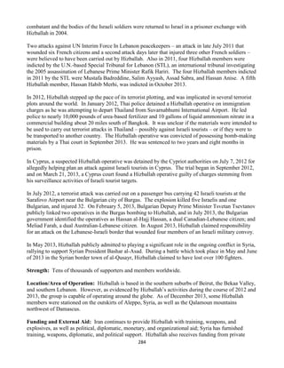 284
combatant and the bodies of the Israeli soldiers were returned to Israel in a prisoner exchange with
Hizballah in 2004.
Two attacks against UN Interim Force In Lebanon peacekeepers – an attack in late July 2011 that
wounded six French citizens and a second attack days later that injured three other French soldiers –
were believed to have been carried out by Hizballah. Also in 2011, four Hizballah members were
indicted by the U.N.-based Special Tribunal for Lebanon (STL), an international tribunal investigating
the 2005 assassination of Lebanese Prime Minister Rafik Hariri. The four Hizballah members indicted
in 2011 by the STL were Mustafa Badreddine, Salim Ayyash, Assad Sabra, and Hassan Anise. A fifth
Hizballah member, Hassan Habib Merhi, was indicted in October 2013.
In 2012, Hizballah stepped up the pace of its terrorist plotting, and was implicated in several terrorist
plots around the world. In January 2012, Thai police detained a Hizballah operative on immigration
charges as he was attempting to depart Thailand from Suvarnabhumi International Airport. He led
police to nearly 10,000 pounds of urea-based fertilizer and 10 gallons of liquid ammonium nitrate in a
commercial building about 20 miles south of Bangkok. It was unclear if the materials were intended to
be used to carry out terrorist attacks in Thailand – possibly against Israeli tourists – or if they were to
be transported to another country. The Hizballah operative was convicted of possessing bomb-making
materials by a Thai court in September 2013. He was sentenced to two years and eight months in
prison.
In Cyprus, a suspected Hizballah operative was detained by the Cypriot authorities on July 7, 2012 for
allegedly helping plan an attack against Israeli tourists in Cyprus. The trial began in September 2012,
and on March 21, 2013, a Cyprus court found a Hizballah operative guilty of charges stemming from
his surveillance activities of Israeli tourist targets.
In July 2012, a terrorist attack was carried out on a passenger bus carrying 42 Israeli tourists at the
Sarafovo Airport near the Bulgarian city of Burgas. The explosion killed five Israelis and one
Bulgarian, and injured 32. On February 5, 2013, Bulgarian Deputy Prime Minister Tsvetan Tsevtanov
publicly linked two operatives in the Burgas bombing to Hizballah, and in July 2013, the Bulgarian
government identified the operatives as Hassan al-Hajj Hassan, a dual Canadian-Lebanese citizen; and
Meliad Farah, a dual Australian-Lebanese citizen. In August 2013, Hizballah claimed responsibility
for an attack on the Lebanese-Israeli border that wounded four members of an Israeli military convoy.
In May 2013, Hizballah publicly admitted to playing a significant role in the ongoing conflict in Syria,
rallying to support Syrian President Bashar al-Asad. During a battle which took place in May and June
of 2013 in the Syrian border town of al-Qusayr, Hizballah claimed to have lost over 100 fighters.
Strength: Tens of thousands of supporters and members worldwide.
Location/Area of Operation: Hizballah is based in the southern suburbs of Beirut, the Bekaa Valley,
and southern Lebanon. However, as evidenced by Hizballah’s activities during the course of 2012 and
2013, the group is capable of operating around the globe. As of December 2013, some Hizballah
members were stationed on the outskirts of Aleppo, Syria, as well as the Qalamoun mountains
northwest of Damascus.
Funding and External Aid: Iran continues to provide Hizballah with training, weapons, and
explosives, as well as political, diplomatic, monetary, and organizational aid; Syria has furnished
training, weapons, diplomatic, and political support. Hizballah also receives funding from private
 