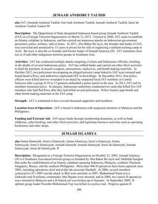 289
JEMAAH ANSHORUT TAUHID
aka JAT; Jemmah Ansharut Tauhid; Jem’mah Ansharut Tauhid; Jamaah Ansharut Tauhid; Jama’ah
Ansharut Tauhid; Laskar 99
Description: The Department of State designated Indonesia-based group Jemaah Anshorut Tauhid
(JAT) as a Foreign Terrorist Organization on March 13, 2012. Formed in 2008, JAT seeks to establish
an Islamic caliphate in Indonesia, and has carried out numerous attacks on Indonesian government
personnel, police, military, and civilians. In 2011, Abu Bakar Ba’asyir, the founder and leader of JAT,
was convicted and sentenced to 15 years in prison for his role in organizing a militant training camp in
Aceh. Ba’asyir is also the co-founder and former leader of Jemaah Islamiya (JI). JAT maintains close
ties to JI and other indigenous terrorist groups in Southeast Asia.
Activities: JAT has conducted multiple attacks targeting civilians and Indonesian officials, resulting
in the deaths of several Indonesian police. JAT has robbed banks and carried out other illicit activities
to fund the purchase of assault weapons, ammunition, explosives, and bomb-making materials. In
October 2012, two policemen investigating an alleged terrorist camp linked to JAT were tortured and
found dead in Poso, and authorities implicated JAT in the killings. In December 2012, four police
officers were killed and two wounded in an attack by suspected local JAT members in Central
Sulawesi after a group of 10 to 15 gunmen ambushed a police patrol in the area. In 2013, JAT and its
members remained active. In January, Indonesian authorities conducted two raids that killed five JAT
members who had fled Poso after they had killed several policemen. Police found a pipe bomb and
other bomb-making materials at the JAT camp.
Strength: JAT is estimated to have several thousand supporters and members.
Location/Area of Operation: JAT is based in Indonesia with suspected elements in Malaysia and the
Philippines.
Funding and External Aid: JAT raises funds through membership donations, as well as bank
robberies, cyber hacking, and other illicit activities; and legitimate business activities such as operating
bookstores and other shops.
JEMAAH ISLAMIYA
aka Jemaa Islamiyah; Jema’a Islamiyah; Jemaa Islamiyya; Jema’a Islamiyya; Jemaa
Islamiyyah; Jema’a Islamiyyah; Jemaah Islamiah; Jemaah Islamiyah; Jema’ah Islamiyah; Jemaah
Islamiyyah; Jema’ah Islamiyyah; JI
Description: Designated as a Foreign Terrorist Organization on October 23, 2002, Jemaah Islamiya
(JI) is a Southeast Asia-based terrorist group co-founded by Abu Bakar Ba’asyir and Abdullah Sungkar
that seeks the establishment of an Islamic caliphate spanning Indonesia, Malaysia, southern Thailand,
Singapore, Brunei, and the southern Philippines. More than 400 JI operatives have been captured since
2002, including operations chief and al-Qa’ida associate Hambali. In 2006, several members
connected to JI’s 2005 suicide attack in Bali were arrested; in 2007, Muhammad Naim (a.k.a.
Zarkasih) and JI military commander Abu Dujana were arrested; and in 2008, two senior JI operatives
were arrested in Malaysia and a JI-linked cell was broken up in Sumatra. In September 2009, JI-
splinter group leader Noordin Mohammad Top was killed in a police raid. Progress against JI
 