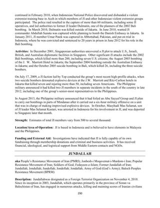 290
continued in February 2010, when Indonesian National Police discovered and disbanded a violent
extremist training base in Aceh in which members of JI and other Indonesian violent extremist groups
participated. The police raid resulted in the capture of more than 60 militants, including some JI
operatives, and led authorities to former JI leader Dulmatin, one of the planners of the 2002 Bali
bombing. In March 2010, Dulmatin was killed outside of Jakarta. In June 2010, wanted JI
commander Abdullah Sunata was captured while planning to bomb the Danish Embassy in Jakarta. In
January 2011, JI member Umar Patek was captured in Abbottabad, Pakistan, and put on trial in
Indonesia, where he was convicted and sentenced to 20 years in prison in June 2012 for his role in the
Bali bombing.
Activities: In December 2001, Singaporean authorities uncovered a JI plot to attack U.S., Israeli,
British, and Australian diplomatic facilities in Singapore. Other significant JI attacks include the 2002
Bali bombings, which killed more than 200, including seven U.S. citizens; the August 2003 bombing
of the J. W. Marriott Hotel in Jakarta; the September 2004 bombing outside the Australian Embassy
in Jakarta; and the October 2005 suicide bombing in Bali, which killed 26, including the three suicide
bombers.
On July 17, 2009, a JI faction led by Top conducted the group’s most recent high-profile attacks, when
two suicide bombers detonated explosive devices at the J.W. Marriott and Ritz-Carlton hotels in
Jakarta that killed seven and injuring more than 50, including seven Americans. The Philippine
military announced it had killed two JI members in separate incidents in the south of the country in late
2012, including one of the group’s senior-most representatives to the Philippines.
In August 2013, the Philippine military announced that it had foiled an Abu Sayyaf Group and JI plan
to carry out bombings in parts of Mindanao after it carried out a six-hour military offensive on a unit
that was in charge of making improvised explosive devices. In October, Masyhadi Mas Selamat, son
of JI leader Mas Selamat Kastari, was arrested in Indonesia for his involvement in JI, and was deported
to Singapore later that month.
Strength: Estimates of total JI members vary from 500 to several thousand.
Location/Area of Operation: JI is based in Indonesia and is believed to have elements in Malaysia
and the Philippines.
Funding and External Aid: Investigations have indicated that JI is fully capable of its own
fundraising through membership donations and criminal and business activities. It has received
financial, ideological, and logistical support from Middle Eastern contacts and NGOs.
JUNDALLAH
aka People’s Resistance Movement of Iran (PMRI); Jonbesh-i Moqavemat-i-Mardom-i Iran; Popular
Resistance Movement of Iran; Soldiers of God; Fedayeen-e-Islam; Former Jundallah of Iran;
Jundullah; Jondullah; Jundollah; Jondollah; Jondallah; Army of God (God’s Army); Baloch Peoples
Resistance Movement (BPRM)
Description: Jundallahwas designated as a Foreign Terrorist Organization on November 4, 2010.
Since its inception in 2003, Jundallah, which operates primarily in the province of Sistan va
Balochistan of Iran, has engaged in numerous attacks, killing and maiming scores of Iranian civilians
 