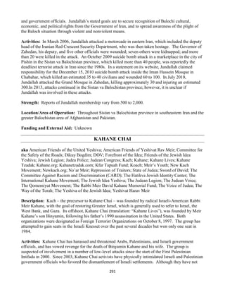 291
and government officials. Jundallah’s stated goals are to secure recognition of Balochi cultural,
economic, and political rights from the Government of Iran, and to spread awareness of the plight of
the Baloch situation through violent and nonviolent means.
Activities: In March 2006, Jundallah attacked a motorcade in eastern Iran, which included the deputy
head of the Iranian Red Crescent Security Department, who was then taken hostage. The Governor of
Zahedan, his deputy, and five other officials were wounded; seven others were kidnapped; and more
than 20 were killed in the attack. An October 2009 suicide bomb attack in a marketplace in the city of
Pishin in the Sistan va Balochistan province, which killed more than 40 people, was reportedly the
deadliest terrorist attack in Iran since the 1980s. In a statement on its website, Jundallah claimed
responsibility for the December 15, 2010 suicide bomb attack inside the Iman Hussein Mosque in
Chabahar, which killed an estimated 35 to 40 civilians and wounded 60 to 100. In July 2010,
Jundallah attacked the Grand Mosque in Zahedan, killing approximately 30 and injuring an estimated
300.In 2013, attacks continued in the Sistan va Balochistan province; however, it is unclear if
Jundallah was involved in these attacks.
Strength: Reports of Jundallah membership vary from 500 to 2,000.
Location/Area of Operation: Throughout Sistan va Balochistan province in southeastern Iran and the
greater Balochistan area of Afghanistan and Pakistan.
Funding and External Aid: Unknown
KAHANE CHAI
aka American Friends of the United Yeshiva; American Friends of Yeshivat Rav Meir; Committee for
the Safety of the Roads; Dikuy Bogdim; DOV; Forefront of the Idea; Friends of the Jewish Idea
Yeshiva; Jewish Legion; Judea Police; Judean Congress; Kach; Kahane; Kahane Lives; Kahane
Tzadak; Kahane.org; Kahanetzadak.com; Kfar Tapuah Fund; Koach; Meir’s Youth; New Kach
Movement; Newkach.org; No’ar Meir; Repression of Traitors; State of Judea; Sword of David; The
Committee Against Racism and Discrimination (CARD); The Hatikva Jewish Identity Center; The
International Kahane Movement; The Jewish Idea Yeshiva; The Judean Legion; The Judean Voice;
The Qomemiyut Movement; The Rabbi Meir David Kahane Memorial Fund; The Voice of Judea; The
Way of the Torah; The Yeshiva of the Jewish Idea; Yeshivat Harav Meir
Description: Kach – the precursor to Kahane Chai – was founded by radical Israeli-American Rabbi
Meir Kahane, with the goal of restoring Greater Israel, which is generally used to refer to Israel, the
West Bank, and Gaza. Its offshoot, Kahane Chai (translation: “Kahane Lives”), was founded by Meir
Kahane’s son Binyamin, following his father’s 1990 assassination in the United States. Both
organizations were designated as Foreign Terrorist Organizations on October 8, 1997. The group has
attempted to gain seats in the Israeli Knesset over the past several decades but won only one seat in
1984.
Activities: Kahane Chai has harassed and threatened Arabs, Palestinians, and Israeli government
officials, and has vowed revenge for the death of Binyamin Kahane and his wife. The group is
suspected of involvement in a number of low-level attacks since the start of the First Palestinian
Intifada in 2000. Since 2003, Kahane Chai activists have physically intimidated Israeli and Palestinian
government officials who favored the dismantlement of Israeli settlements. Although they have not
 