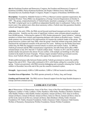 293
aka the Kurdistan Freedom and Democracy Congress; the Freedom and Democracy Congress of
Kurdistan; KADEK; Partiya Karkeran Kurdistan; the People’s Defense Force; Halu Mesru
Savunma Kuvveti; Kurdistan People’s Congress; People’s Congress of Kurdistan; KONGRA-GEL
Description: Founded by Abdullah Ocalan in 1978 as a Marxist-Leninist separatist organization, the
Kurdistan Workers’ Party (PKK) was designated as a Foreign Terrorist Organization on October 8,
1997. The group, composed primarily of Turkish Kurds, launched a ca