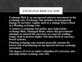 • Exchange Risk is an unexpected adverse movement in the
exchange rate. Exchange risk includes an unexpected
change in currency regime such as a change from a fixed
to a floating exchange rate.
• A country's exchange rate policy may help isolate
exchange Risk. Managed floats, where the government
attempts to control the currency in a narrow trading
range, tend to possess higher risk than fixed or currency
board systems.
• Floating exchange rate systems generally sustain the
lowest risk of producing an unexpected adverse exchange
movement.
• The degree of over-or under-valuation of a currency also
can help isolate exchange rate risk
EXCHANGE RISK FACTOR
 