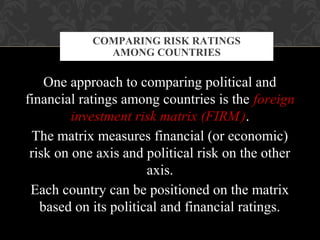 One approach to comparing political and
financial ratings among countries is the foreign
investment risk matrix (FIRM).
The matrix measures financial (or economic)
risk on one axis and political risk on the other
axis.
Each country can be positioned on the matrix
based on its political and financial ratings.
COMPARING RISK RATINGS
AMONG COUNTRIES
 