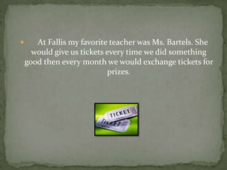    After the third grade the school closed so I went to Place Bridge Academy. It had the same principle as Fallis did.