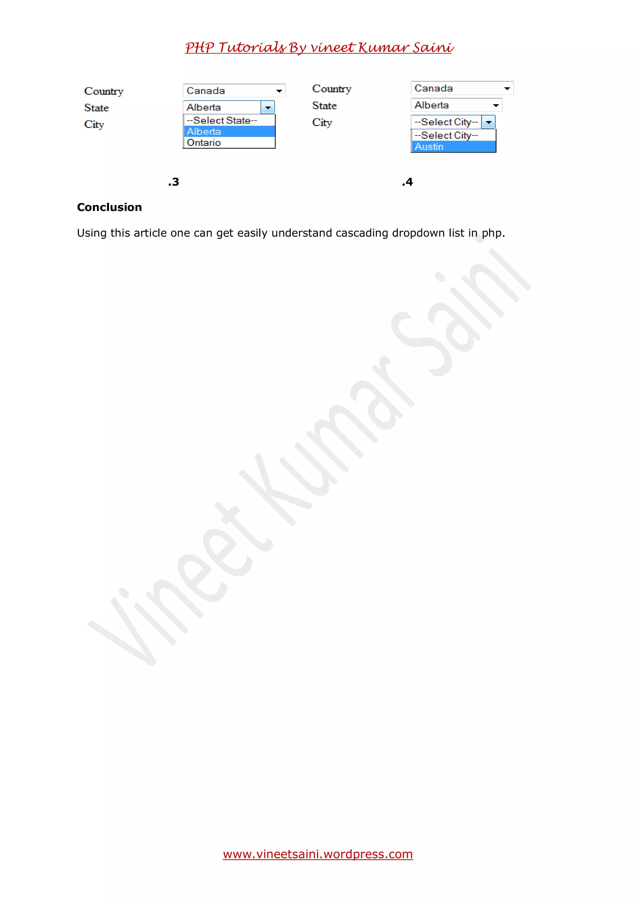PHP Tutorials By vineet Kumar Saini
www.vineetsaini.wordpress.com
.1 .2
.3 .4
Conclusion
Using this article one can get easily understand cascading dropdown list in php.
 