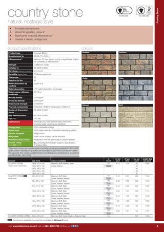 3
CountryStone
visit www.tobermore.co.uk | call us 0844 800 5736 | follow us
visit www.tobermore.co.uk | call us 0844 800 5736 | follow us
CountryStone
3
product size (mm) colours available
in
stock
m2
per
pack
m2
per
slice
no. per
pack
weight (kg)
per pack
COUNTRY STONE
(single course mixed length)
140 x 375 x 100 Bracken, Buff, Heather, Slate YES 6.72 1.34 40 1560
140 x 225 x 100 Cedar, Natural SPECIAL
ORDER 40
140 x 160 x 100 40
140 x 200 x 100 40
140 x 240 x 100 40
COUNTRY STONE BIM
(single sizes)
65 x 225 x 100 Bracken, Buff, Slate YES 5.15 0.47 352 1150
Cedar, Heather, Natural SPECIAL
ORDER
65 x 300 x 100 Bracken, Buff, Slate YES 6.86 0.62 352 1540
Cedar, Heather, Natural SPECIAL
ORDER
65 x 375 x 100 Bracken, Buff, Slate YES 6.44 0.59 264 1460
Cedar, Heather, Natural SPECIAL
ORDER
140 x 225 x 100 Bracken, Buff, Slate YES 5.04 1.01 160 1147
Cedar, Heather, Natural SPECIAL
ORDER
140 x 300 x 100 Bracken, Buff, Slate YES 6.72 1.34 160 1546
Cedar, Heather, Natural SPECIAL
ORDER
140 x 375 x 100 Bracken, Buff, Slate YES 6.3 1.26 120 1456
Cedar, Heather, Natural SPECIAL
ORDER
215 x 300 x 100 Bracken, Buff, Slate YES 6.19 2.06 96 1428
Cedar, Heather, Natural SPECIAL
ORDER
215 x 440 x 100 Bracken, Buff, Slate YES 6.05 1.51 64 1357
Cedar, Heather, Natural SPECIAL
ORDER
COUNTRY STONE COPING 300 x 208 x 80 Bracken, Buff, Cedar, Heather, Natural, Slate YES - - 120 1328
•	 Emulates natural stone
•	 Vibrant long-lasting colours*
•	 Significantly reduced efflorescence**
•	 Creates a classic, vintage look
product specifications colours
Product type Concrete Block
Manufactured to BS EN 771-5:2011
Efflorescence** Minimum 12 hour vapour curing to significantly reduce
the possibility of efflorescence
Strength > 20N/mm2
mean
Installed to BS 5628-3:2005
Shrinkage (Moisture movement) 0.41mm/m
Durability (Freeze/Thaw) F2 (Severe exposure)
Tolerances D1
Reaction to fire A1
Water absorption by
capillary
3 g/(m2
x s)
Water absorption <7% water absorption on average
Water vapour diffusion
coefficient
30/100 µ
Net dry density 2210 kg/m3
Gross dry density 2200 kg/m3
Shear bond strength 0.15N/mm2
Thermal conductivity Protected 1.25W/m K Exposed 1.43W/m K
Mortars & Expansion
Joints
BS 5628-3:2005
Bed Reinforcement BS 5628-3:2005
F10 295
Applications Above ground, main external wall construction,
boundary walls, columns and partitions.
Energy used 100% renewable energy
Water used 100% water used from rainwater harvesting system
Carbon Footprint 36kgCo2
e/m2
Recyclable 100% of this product can be recycled
Manufacturing location Produced in the UK with locally sourced materials
rating
www.bre.co.uk
A+, according to the Green Guide to Specification,
4th
Edition 2009.
Tobermore products are manufactured in accordance with an accredited ISO 9001:2008
quality system. Manufacturing facilities are accredited to ISO14001:2004 Environmental
Management. The company publish Environmental labels and declarations in accordance
with BS EN ISO 14021:2001.
ISO 9001:2008 ISO 14001:2004country stonenatural, nostalgic style
Heather
Cedar
Natural Buff
Bracken
Slate
This product is available to download from our website in BIM Level 2 format.BIM
 