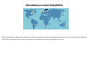 Data embassy as a secure cloud platform 
Data embassies seek to alleviate the problems with public cloud service providers by establishing data centers with very specific legal and diplomatic 
status that is enforced by technical means. Encryption and virtualization are the key technologies to be used. 
 