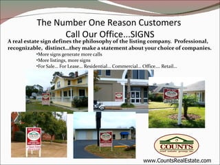 A real estate sign defines the philosophy of the listing company.  Professional, recognizable,  distinct…they make a statement about your choice of companies.  More signs generate more calls More listings, more signs For Sale… For Lease… Residential… Commercial… Office…. Retail…  www.CountsRealEstate.com The Number One Reason Customers  Call Our Office...SIGNS 