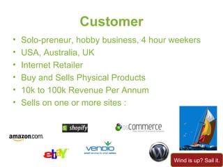 Customer Solo-preneur, hobby business, 4 hour weekers USA, Australia, UK Internet Retailer Buy and Sells Physical Products 10k to 100k Revenue Per Annum Sells on one or more sites : Wind is up? Sail it. 