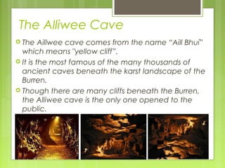 The Alliwee Cave
 The

Aillwee cave comes from the name “Aill Bhuí”
which means "yellow cliff”.
 It is the most famous of the many thousands of
ancient caves beneath the karst landscape of the
Burren.
 Though there are many cliffs beneath the Burren,
the Alliwee cave is the only one opened to the
public.

 