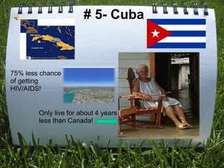   # 5- Cuba 75% less chance of getting HIV/AIDS! Only live for about 4 years less than Canada! 