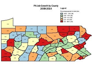 Percentage growth in total jobs
-18.1 - -2.8 [14]
-2.8 - -0.9 [13]
-0.9 - 1.3 [13]
1.3 - 4.3 [13]
4.3 - 19.4 [14]
Legend
PA Job Growthby County
2008-2014
 