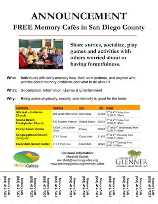 Share stories, socialize, play
games and activities with
others worried about or
having forgetfulness.
FREE Memory Cafés in San Diego County
ANNOUNCEMENT
Who: Individuals with early memory loss, their care partners, and anyone who
worries about memory problems and what to do about it.
What: Socialization, Information, Games & Entertainment
Why: Being active physically, socially, and mentally is good for the brain.
Locations Address City Zip Dates
Hillcrest – Unitarian
Church
298 West Arbor Drive San Diego 92103
2
nd
& 4
th
Friday from
10:00-11:30am
Solana Beach
Presbyterian Church
120 Stevens Avenue Solana Beach 92075
2
nd
& 4
th
Friday from
10:00-11:30am
Poway Senior Center
13094 Civic Center
Drive
Poway 92064
2
nd
and 4
th
Wednesday from
10:00-11:30am
Congregational Church
(bi-lingual)
276 F Street Chula Vista 91910
2
nd
& 4
th
Thursday from
10:00-11:30am
Escondido Senior Center 210 E Park Ave Escondido 92025
2
nd
& 4
th
Tuesday from
9:30-11:00am
For more information:
Marshall Stanek
marshall@memoryguides.org
www.memoryguides.org/memory-cafes
MemoryCafé
(858)412-7337
MemoryCafé
(858)412-7337
MemoryCafé
(858)412-7337
MemoryCafé
(858)412-7337
MemoryCafé
(858)412-7337
MemoryCafé
(858)412-7337
MemoryCafé
(858)412-7337
MemoryCafé
(858)412-7337
MemoryCafé
(858)412-7337
MemoryCafé
(858)412-7337
MemoryCafé
(858)412-7337
MemoryCafé
(858)412-7337
 