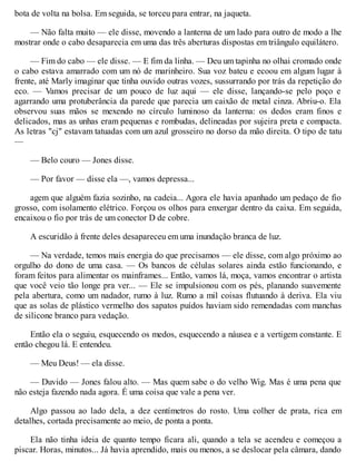 bota de volta na bolsa. Em seguida, se torceu para entrar, na jaqueta.
— Não falta muito — ele disse, movendo a lanterna de um lado para outro de modo a lhe
mostrar onde o cabo desaparecia em uma das três aberturas dispostas em triângulo equilátero.
— Fim do cabo — ele disse. — E fim da linha. — Deu um tapinha no olhai cromado onde
o cabo estava amarrado com um nó de marinheiro. Sua voz bateu e ecoou em algum lugar à
frente, até Marly imaginar que tinha ouvido outras vozes, sussurrando por trás da repetição do
eco. — Vamos precisar de um pouco de luz aqui — ele disse, lançando-se pelo poço e
agarrando uma protuberância da parede que parecia um caixão de metal cinza. Abriu-o. Ela
observou suas mãos se mexendo no círculo luminoso da lanterna: os dedos eram finos e
delicados, mas as unhas eram pequenas e rombudas, delineadas por sujeira preta e compacta.
As letras "cj" estavam tatuadas com um azul grosseiro no dorso da mão direita. O tipo de tatu
—
— Belo couro — Jones disse.
— Por favor — disse ela —, vamos depressa...
agem que alguém fazia sozinho, na cadeia... Agora ele havia apanhado um pedaço de fio
grosso, com isolamento elétrico. Forçou os olhos para enxergar dentro da caixa. Em seguida,
encaixou o fio por trás de um conector D de cobre.
A escuridão à frente deles desapareceu em uma inundação branca de luz.
— Na verdade, temos mais energia do que precisamos — ele disse, com algo próximo ao
orgulho do dono de uma casa. — Os bancos de células solares ainda estão funcionando, e
foram feitos para alimentar os mainframes... Então, vamos lá, moça, vamos encontrar o artista
que você veio tão longe pra ver... — Ele se impulsionou com os pés, planando suavemente
pela abertura, como um nadador, rumo à luz. Rumo a mil coisas flutuando à deriva. Ela viu
que as solas de plástico vermelho dos sapatos puídos haviam sido remendadas com manchas
de silicone branco para vedação.
Então ela o seguiu, esquecendo os medos, esquecendo a náusea e a vertigem constante. E
então chegou lá. E entendeu.
— Meu Deus! — ela disse.
— Duvido — Jones falou alto. — Mas quem sabe o do velho Wig. Mas é uma pena que
não esteja fazendo nada agora. É uma coisa que vale a pena ver.
Algo passou ao lado dela, a dez centímetros do rosto. Uma colher de prata, rica em
detalhes, cortada precisamente ao meio, de ponta a ponta.
Ela não tinha ideia de quanto tempo ficara ali, quando a tela se acendeu e começou a
piscar. Horas, minutos... Já havia aprendido, mais ou menos, a se deslocar pela câmara, dando
 