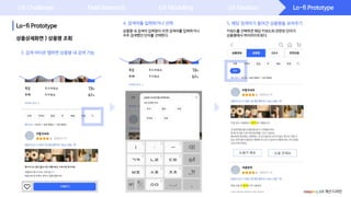 Lo-fi Prototype
Lo-fi Prototype
UX Challenge Field Research UX Modeling UX Ideation
5. 해당 검색어가 들어간 상품평들 보여주기
상품상세화면 > 상품평 조회
coupang UX 개선 디자인
3. 검색 아이콘 탭하면 상품평 내 검색 가능
키워드를 선택하면 해당 키워드와 관련된 단어가
상품평에서 하이라이트된다.
상품평 내 검색어 입력창이 뜨면 검색어를 입력하거나
자주 검색했던 단어를 선택한다.
4. 검색어를 입력하거나 선택
 
