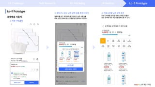 Lo-fi Prototype
Lo-fi Prototype
UX Challenge Field Research UX Modeling UX Ideation
2. 바로구매 클릭
3. 장바구니 담고 남은 금액 상품 추천 더보기
월회비를 내고 로켓와우를 가입하기 싫은 사용자를
위해, 남은 금액에 맞는 상품을 팝업창에서 추천한다.
더보기 버튼을 누르면 원하는 카테고리별로
남은 금액에 대한 추천상품을 확인할 수 있다.
4. 카테고리별 남은 금액 추천
로켓배송 사용자
coupang UX 개선 디자인
 