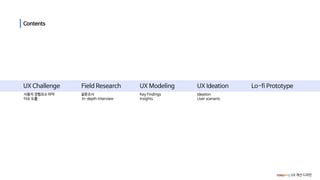 coupang UX 개선 디자인
UX Challenge
사용자 경험요소 파악
이슈 도출
Field Research
설문조사
In-depth Interview
UX Modeling
Key Findings
Insights
...