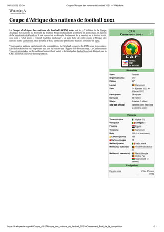 09/02/2022 00:39 Coupe d'Afrique des nations de football 2021 — Wikipédia
https://fr.wikipedia.org/wiki/Coupe_d%27Afrique_des_nations_de_football_2021#Classement_final_de_la_compétition 1/21
Égypte 2019 Côte d'Ivoire
2023
CAN

Cameroun 2021
Généralités
Sport Football
Organisateur(s) CAF
Édition 33e
Lieu(x) Cameroun
Date Du 9 janvier 2022 au
6 février 2022
Participants 24 équipes
Épreuves 52 matchs
Site(s) 6 stades (5 villes)
Site web officiel cafonline.com (http://ww
w.cafonline.com/)
Palmarès
Tenant du titre Algérie (2)
Vainqueur Sénégal (1)
Finaliste Égypte
Troisième Cameroun
Buts 100 (1.92 buts/match)
Cartons jaunes 195
Cartons rouges 14
Meilleur joueur Sadio Mané
Meilleur(s) buteur(s) Vincent Aboubakar
(8)
Meilleur(s) passeur(s) Martin Hongla

Collins Fai

Issa Kaboré (3
passes)
Navigation
Coupe d'Afrique des nations de football 2021
La Coupe d'Afrique des nations de football (CAN) 2021 est la 33e  édition de la Coupe
d'Afrique des nations de football. Le tournoi devait initialement avoir lieu en 2021 mais, en raison
de la pandémie de Covid-19, il est reporté et se déroule finalement du 9 janvier au 6 février 2022,
son nom «  CAN 2021  » restant toutefois inchangé . Le pays hôte de cette coupe d'Afrique des
nations est le Cameroun, et ce pour la 2e fois, après une précédente édition accueillie en 1972.
Vingt-quatre nations participent à la compétition. Le Sénégal remporte la CAN pour la première
fois de son histoire en s'imposant aux tirs au but devant l'Égypte le 6 février 2022. Le Camerounais
Vincent Aboubakar est le meilleur buteur (huit buts) et le Sénégalais Sadio Mané est désigné par la
CAF, meilleur joueur de la compétition.
1
 